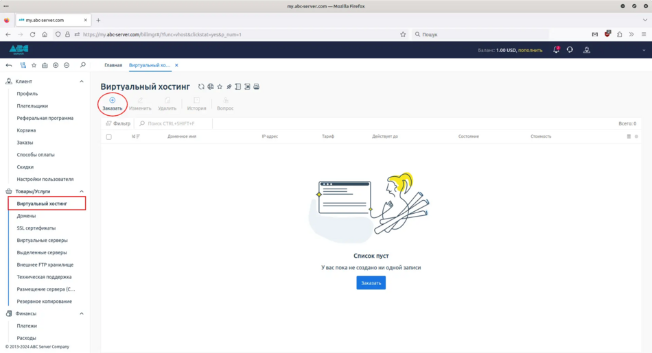 Заказ виртуального хостинга